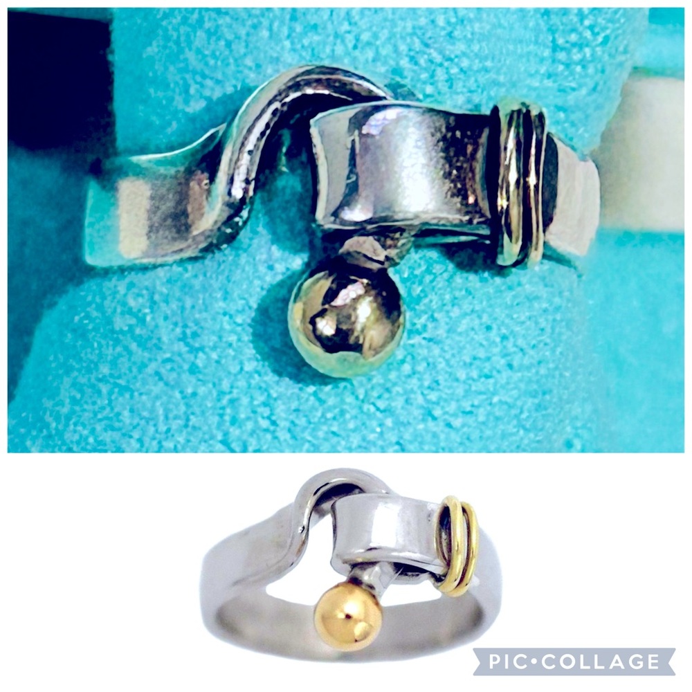 Tiffany & Co. Vintage 750 Gold 925 Sterling Silver Hook & Eye Ring - Size 4.5